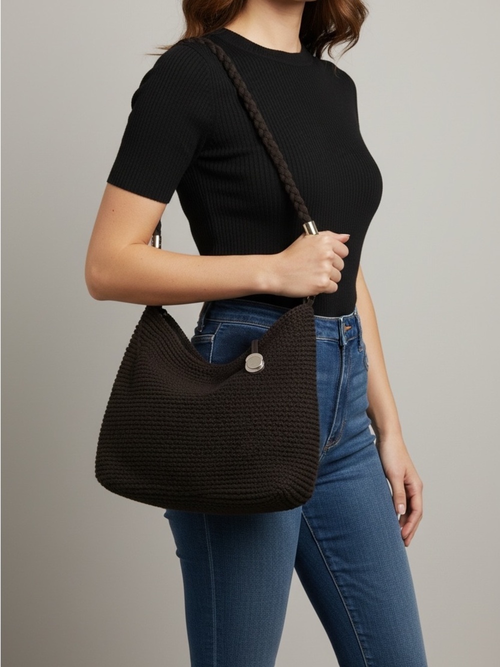 The Sak Black Woven Shoulder Hobo with Braided Strap